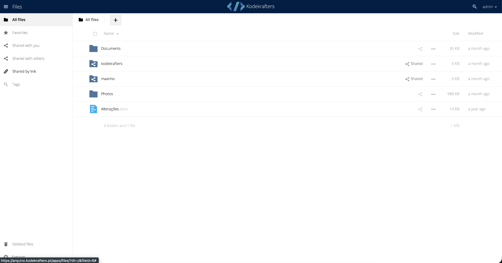 Interface Kcloud com listagem de ficheiros e pastas