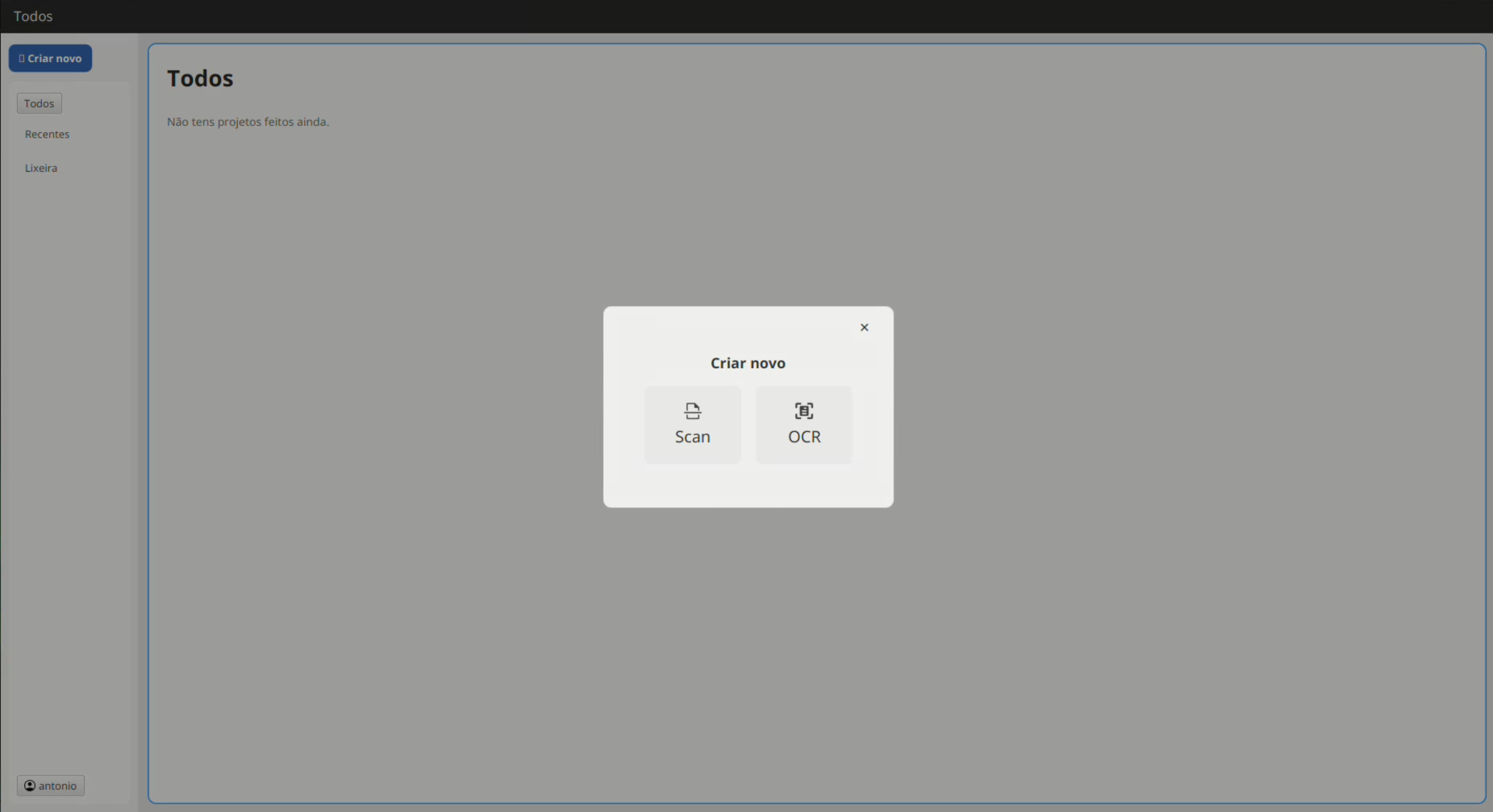 Ecrã de criar novo scan ou OCR no Kcloud móvel